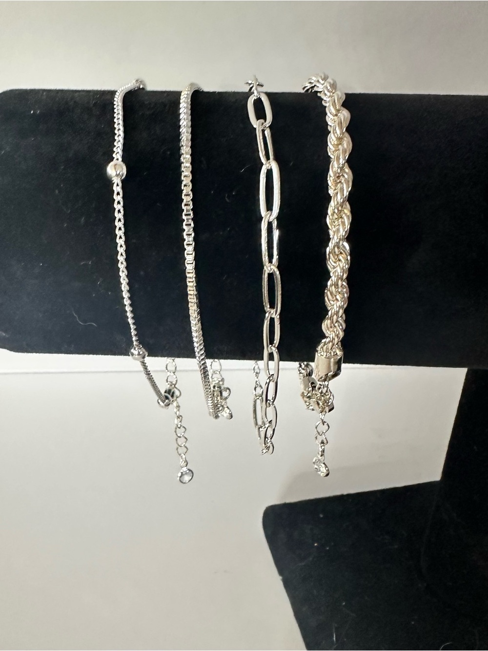 Silver Tone 4-Piece Stackable Bracelet Set | Paperclip Rope Beaded Box Chain - Picture 7 of 8